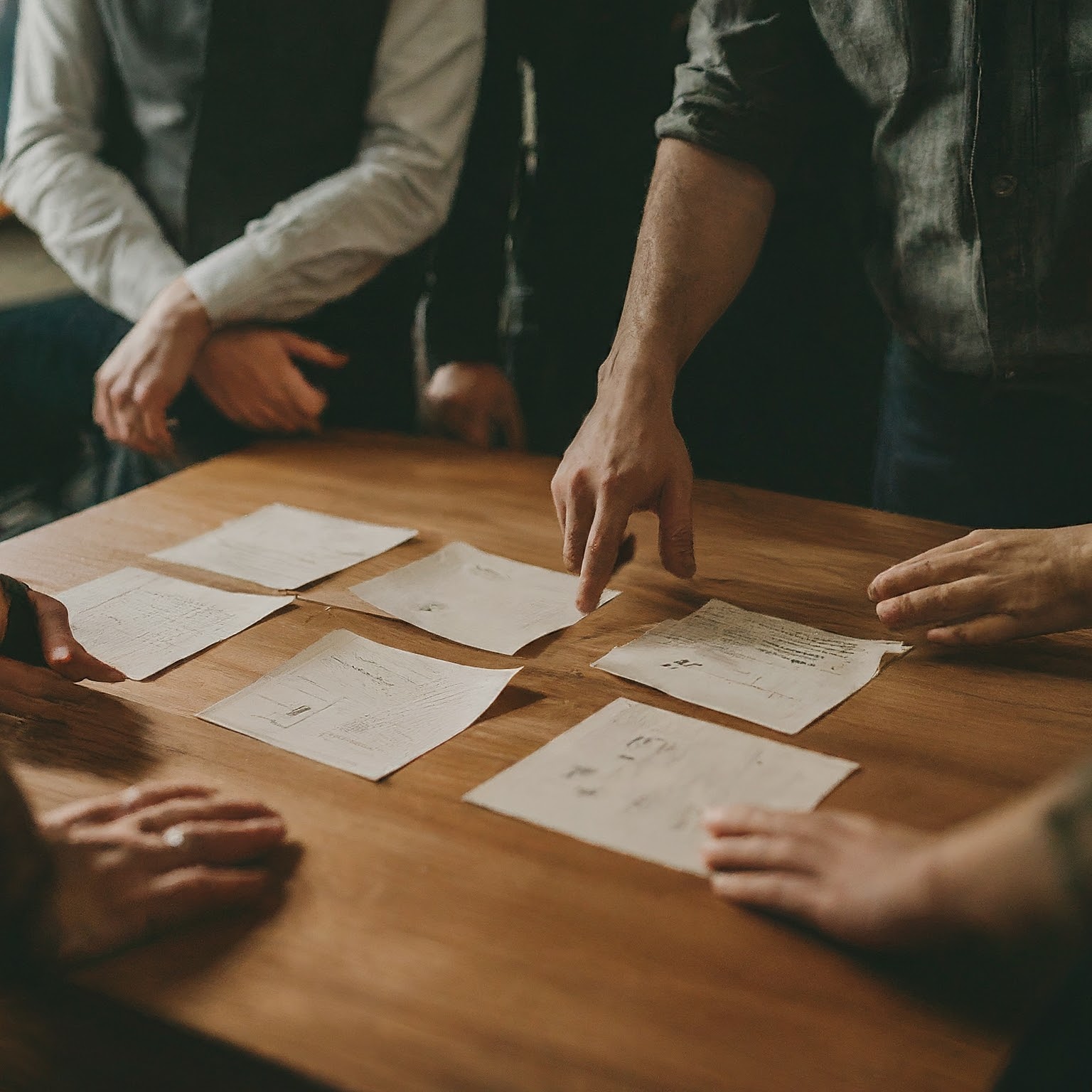 A table with papers on it and people standing around pointing at them implying they are having a meeting and using the papers as steps or reference material